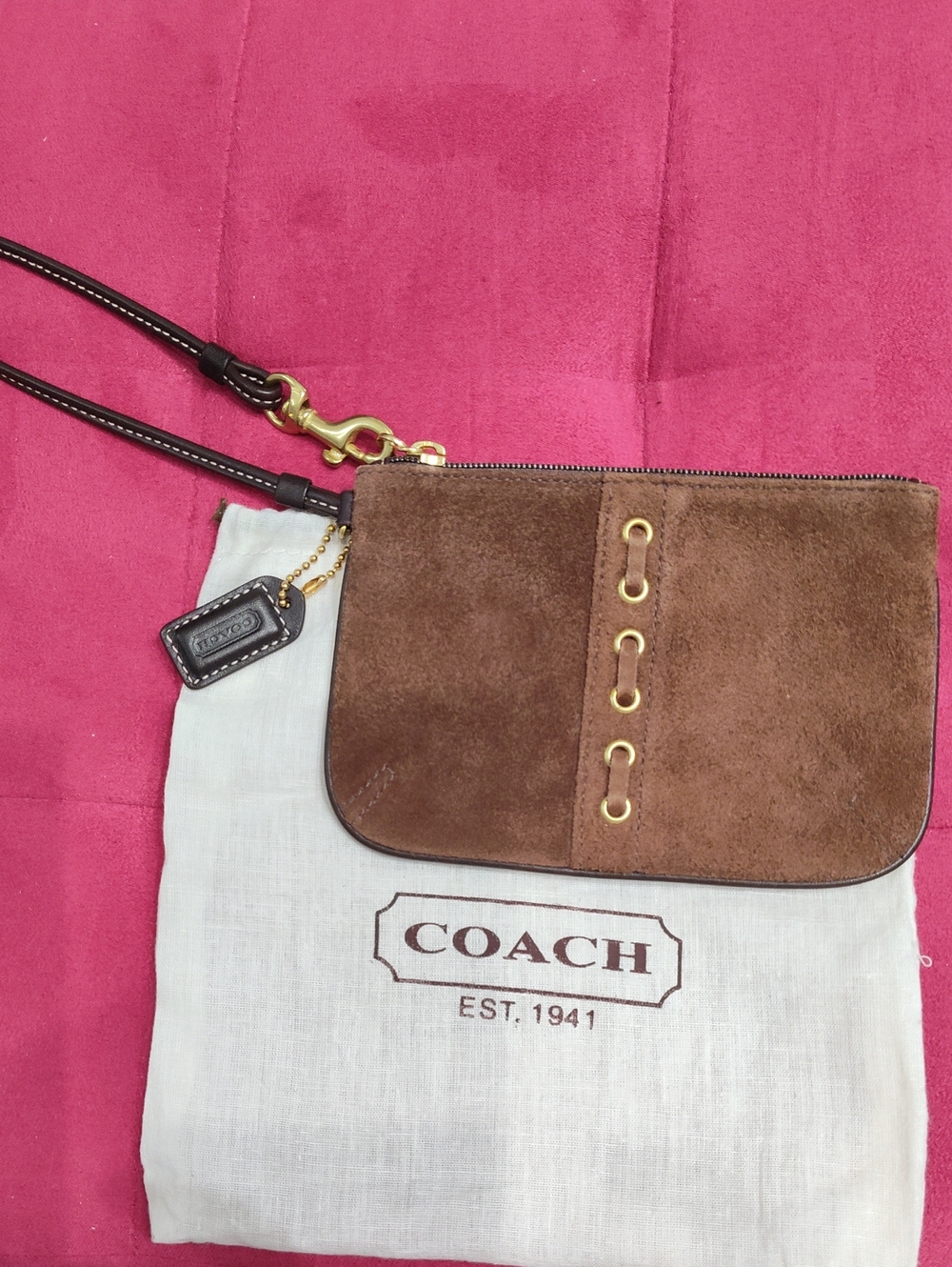 Coach Brown Suede Wristlet with Gold Hardware and Leather Strap